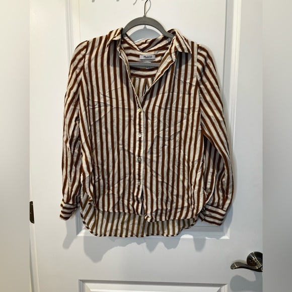 Madewell Women’s Crinkle Button-Up Shirt – Relaxed Fit, Toffee Stripe, Size Medi - Picture 2 of 9